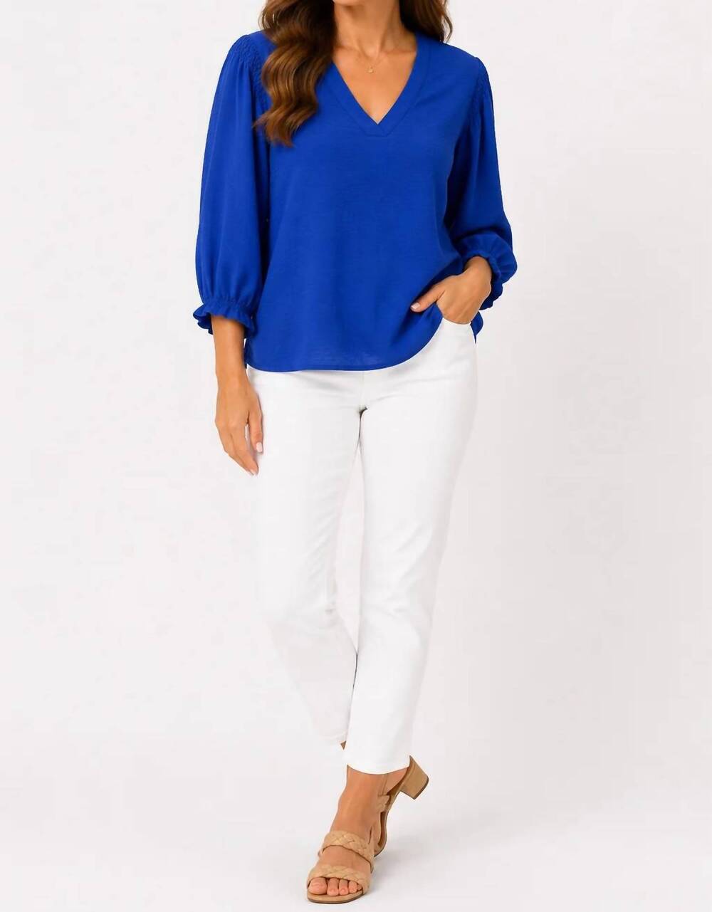 NEW MULTIPLES essential v neck blouse in dazblu